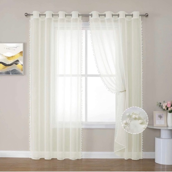 NWT Sheer Ivory curtain panels with pom pom trim - set of 2 - Picture 2 of 13